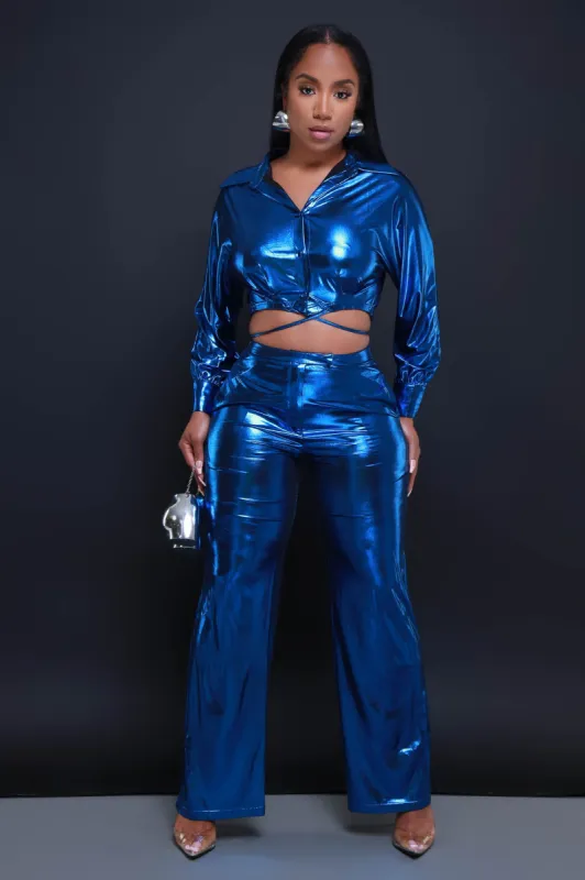 On The Radar Cropped Metallic Pants Set - Blue sold by Swankaposh