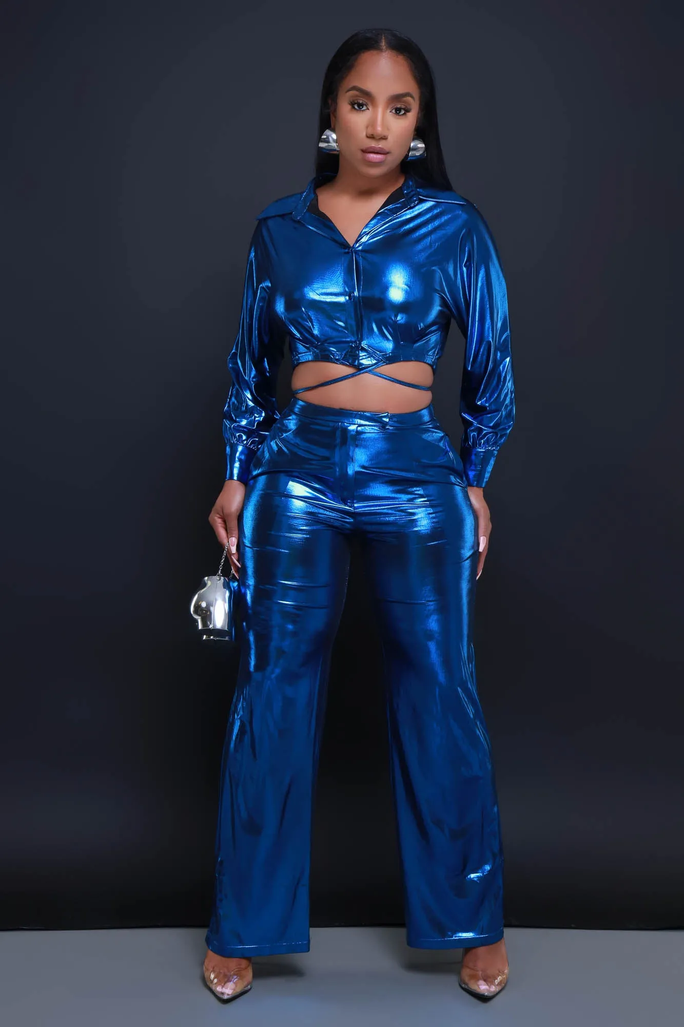 On The Radar Cropped Metallic Pants Set - Blue sold by Swankaposh