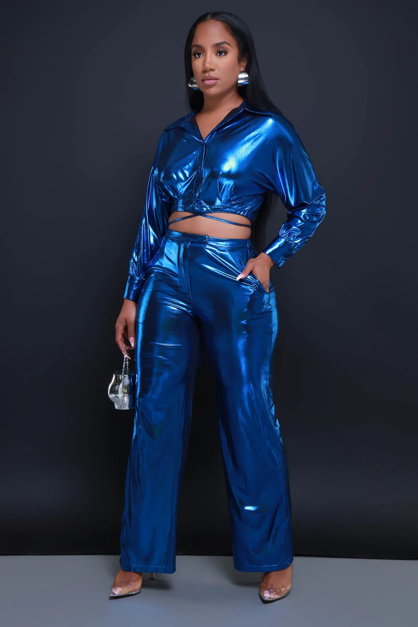 On The Radar Cropped Metallic Pants Set - Blue sold by Swankaposh product image thumbnail 5