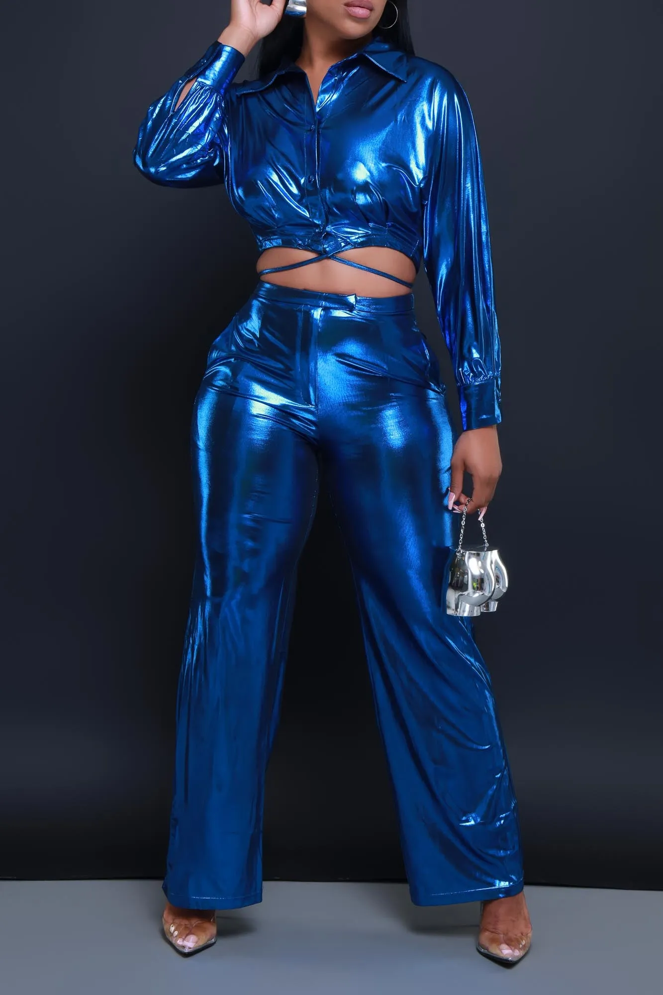 On The Radar Cropped Metallic Pants Set - Blue sold by Swankaposh product image thumbnail 4