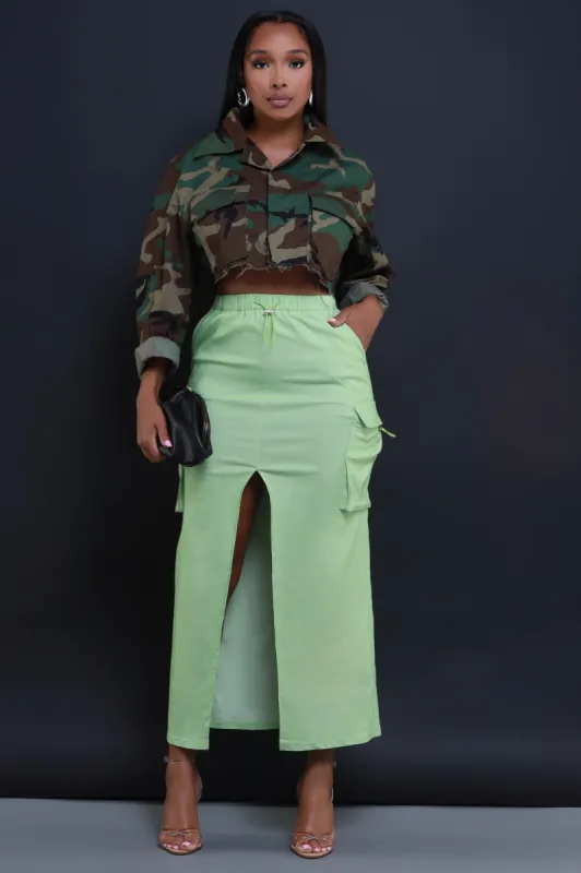 We Cool High Rise Cargo Maxi Skirt - Green sold by Swankaposh
