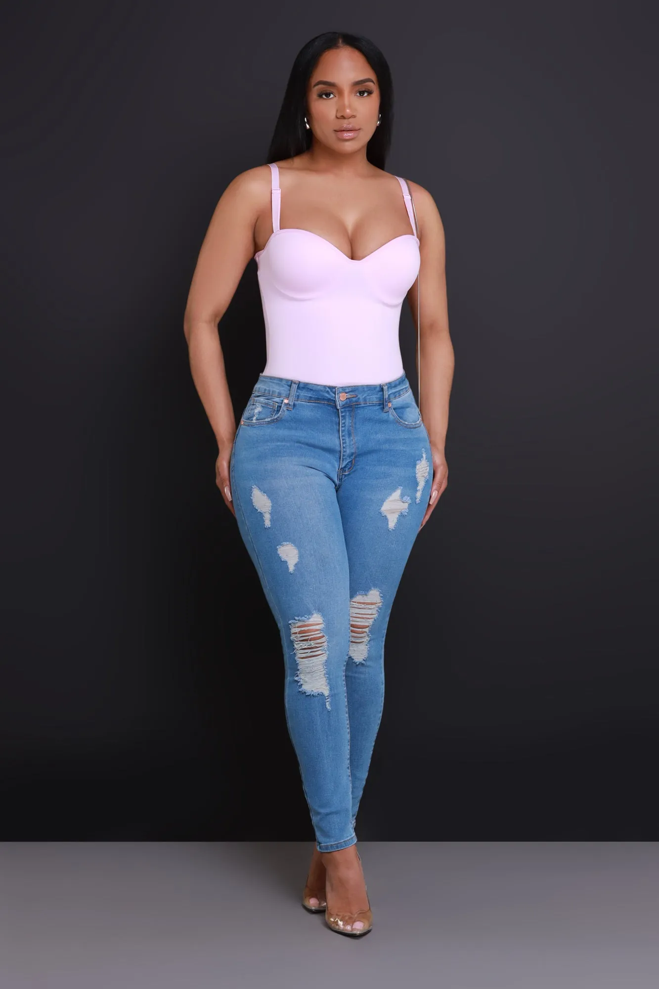 Heads Or Tails Hourglass Distressed Stretchy Jeans - Medium Wash sold by Swankaposh