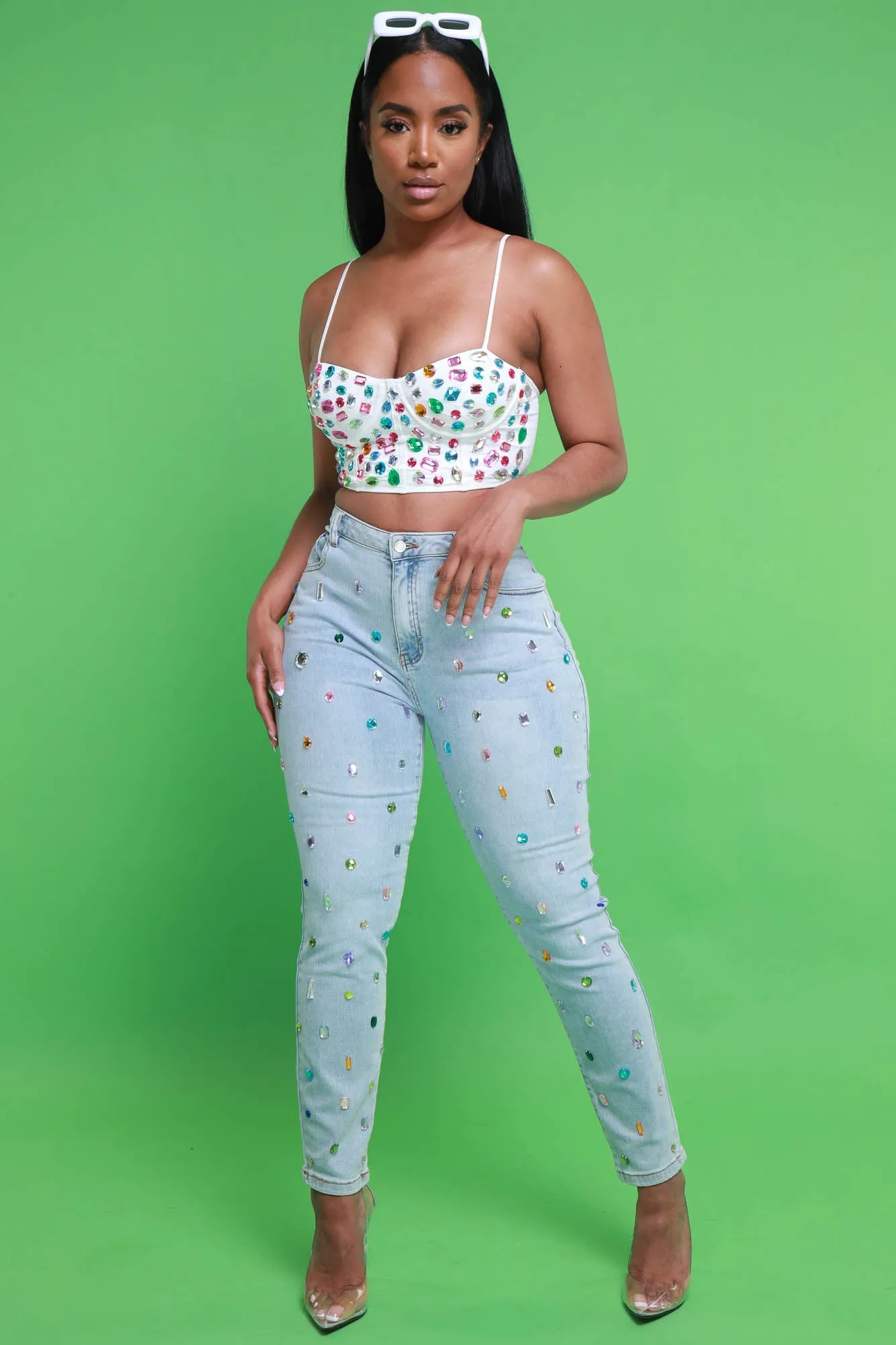 Too Pretty Jewel Embellished Jeans - Light Wash sold by Swankaposh product image thumbnail 4