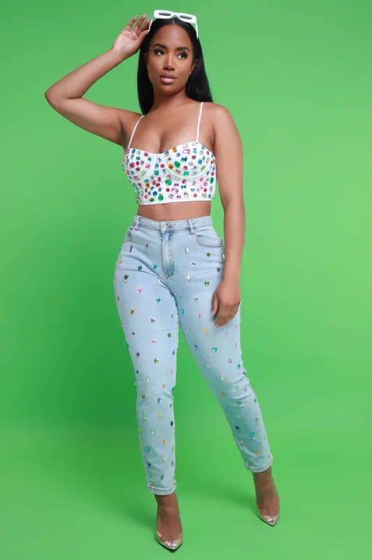 Too Pretty Jewel Embellished Jeans - Light Wash sold by Swankaposh