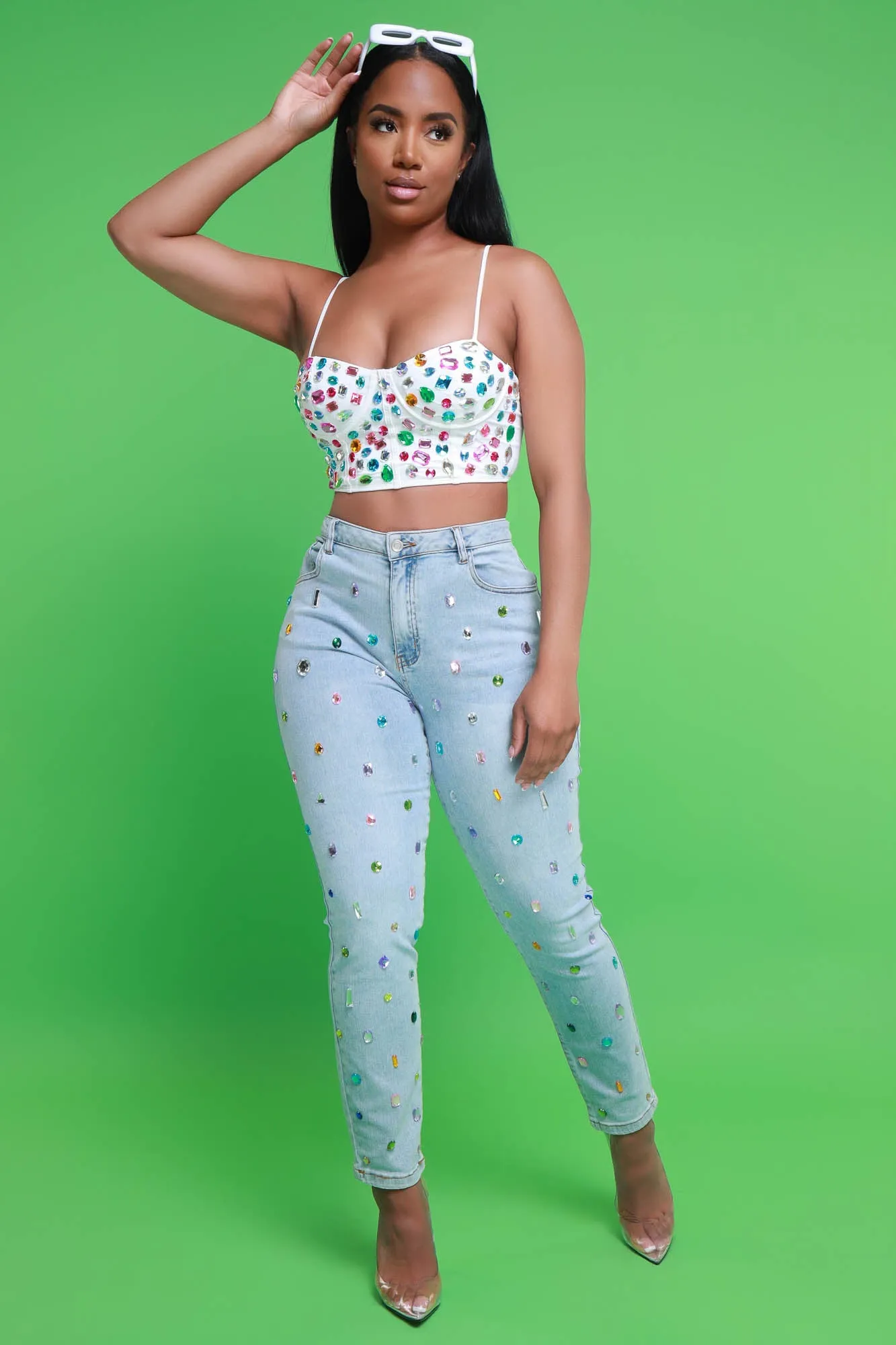 Too Pretty Jewel Embellished Jeans - Light Wash sold by Swankaposh