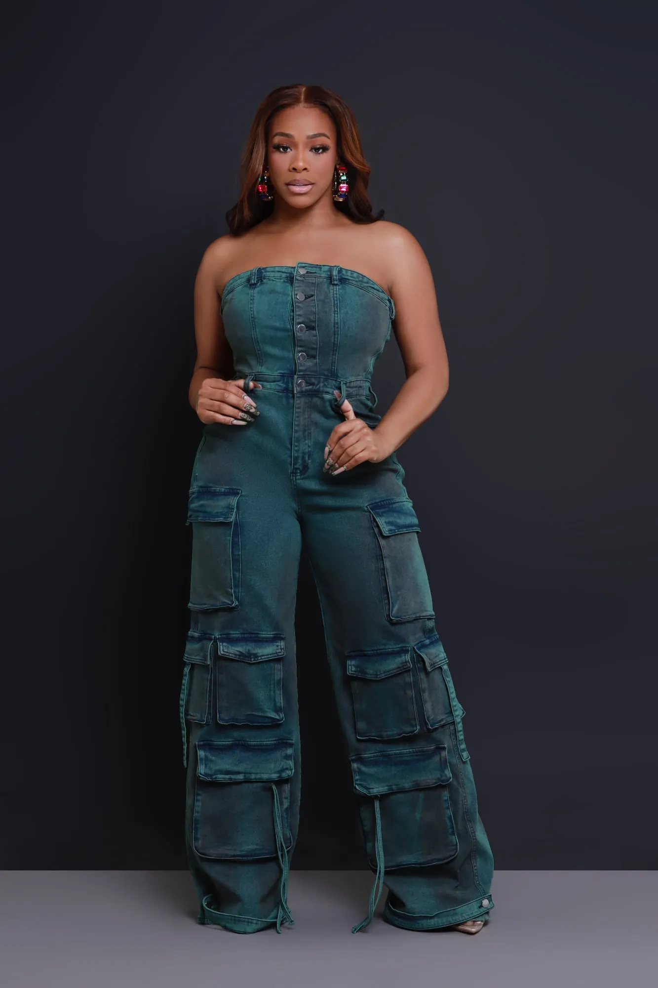 Take The Crown Denim Cargo Jumpsuit - Green sold by Swankaposh product image thumbnail 5