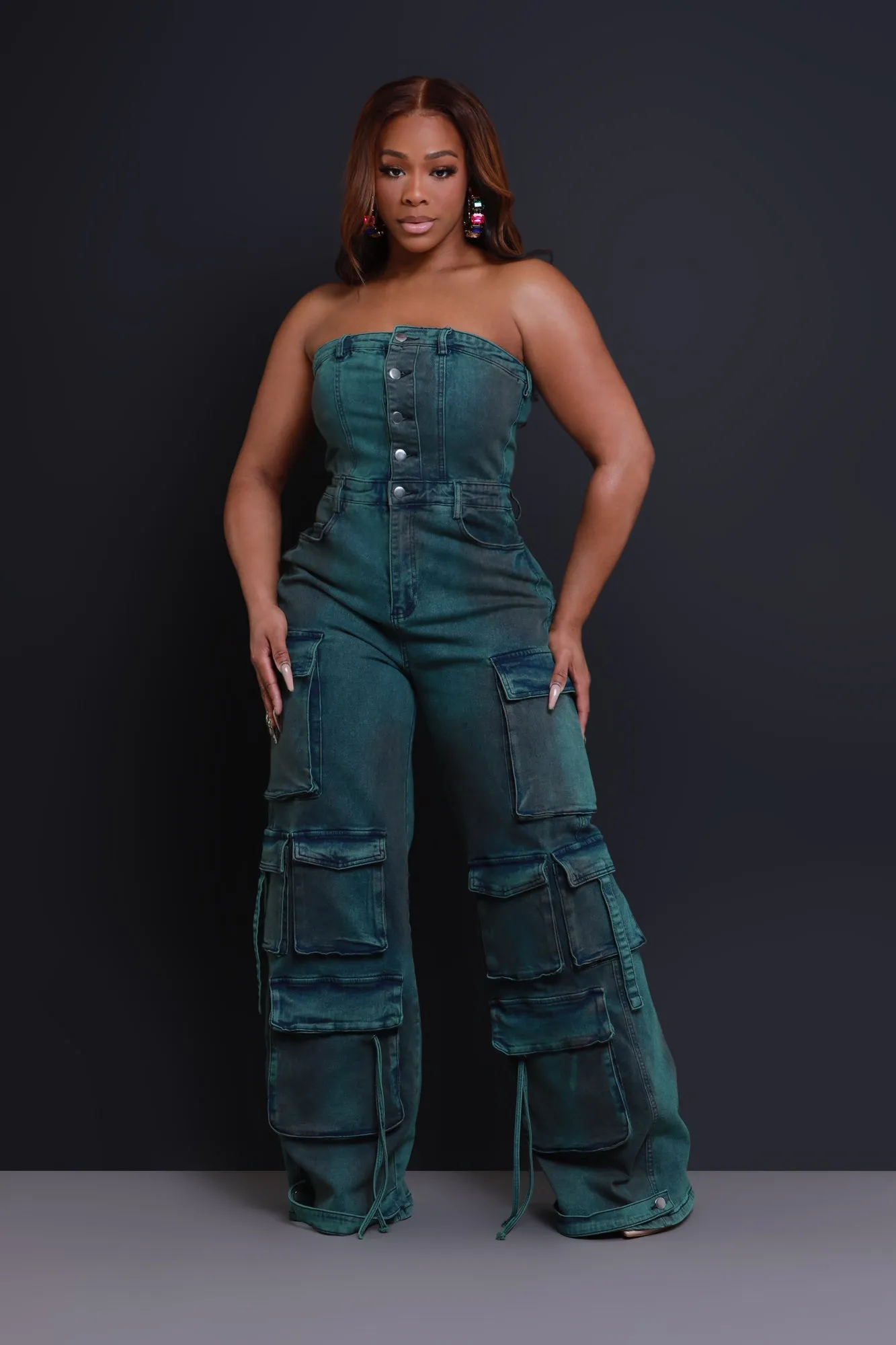 Take The Crown Denim Cargo Jumpsuit - Green sold by Swankaposh product image thumbnail 2