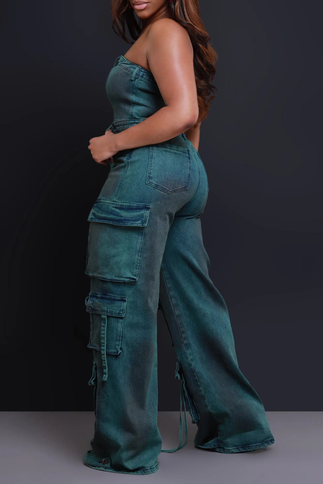 Take The Crown Denim Cargo Jumpsuit - Green sold by Swankaposh product image thumbnail 4