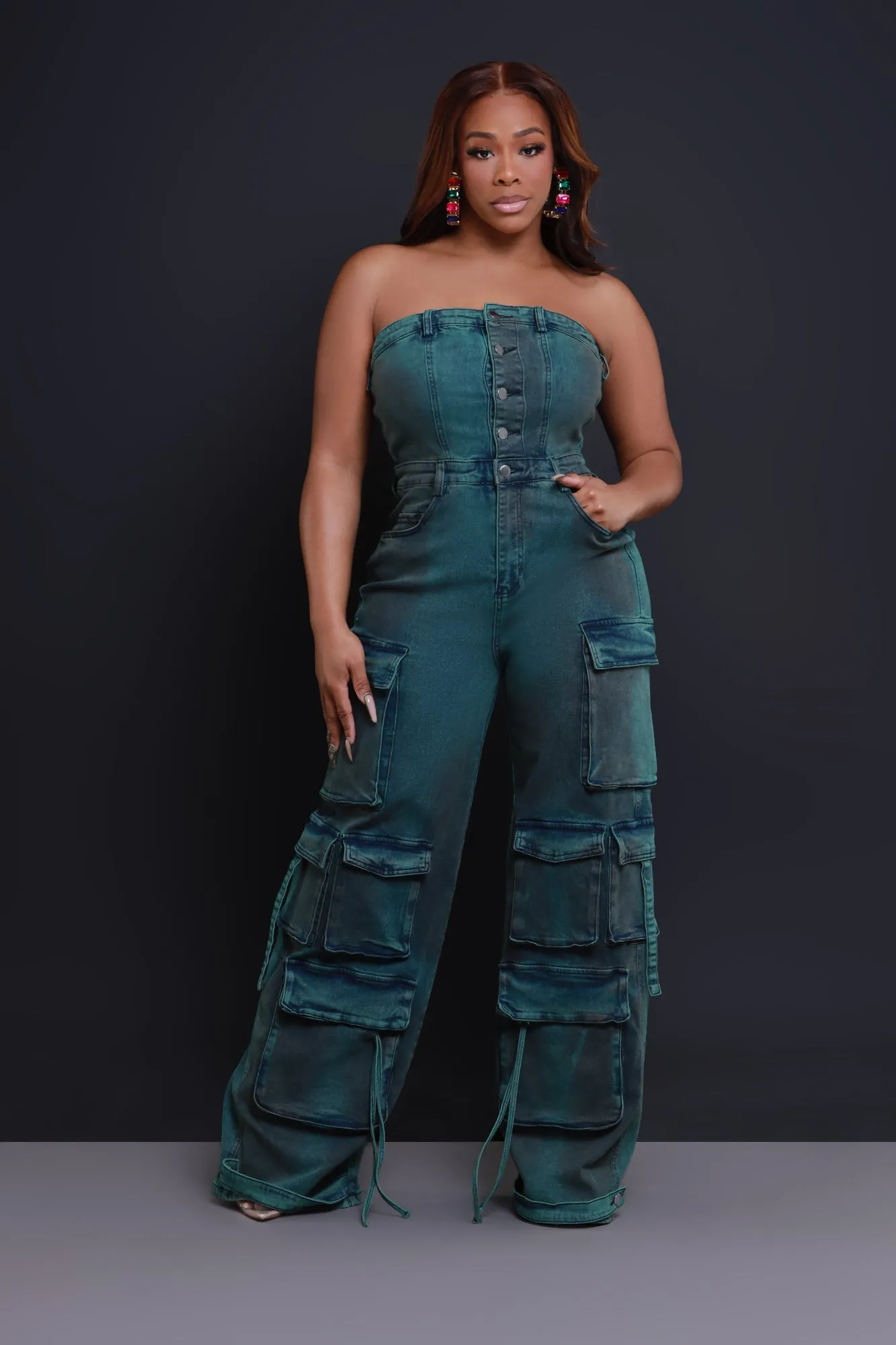 Take The Crown Denim Cargo Jumpsuit - Green sold by Swankaposh