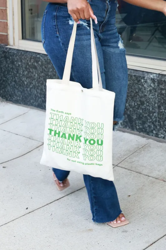 Big Thanks Graphic Tote Bag - Ivory/ Green sold by Swankaposh