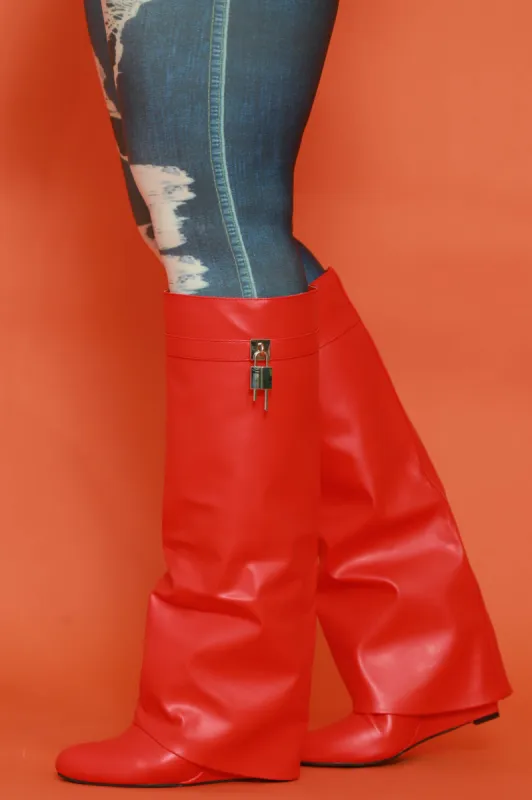 Lock & Key Faux Leather Knee High Boot - Red sold by Swankaposh