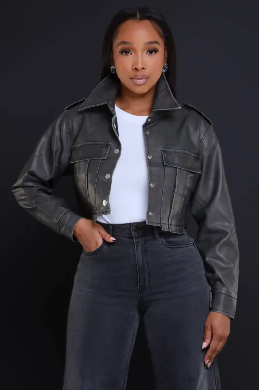 Panic Button Cropped Faux Leather Jacket - Vintage Gunmetal sold by Swankaposh