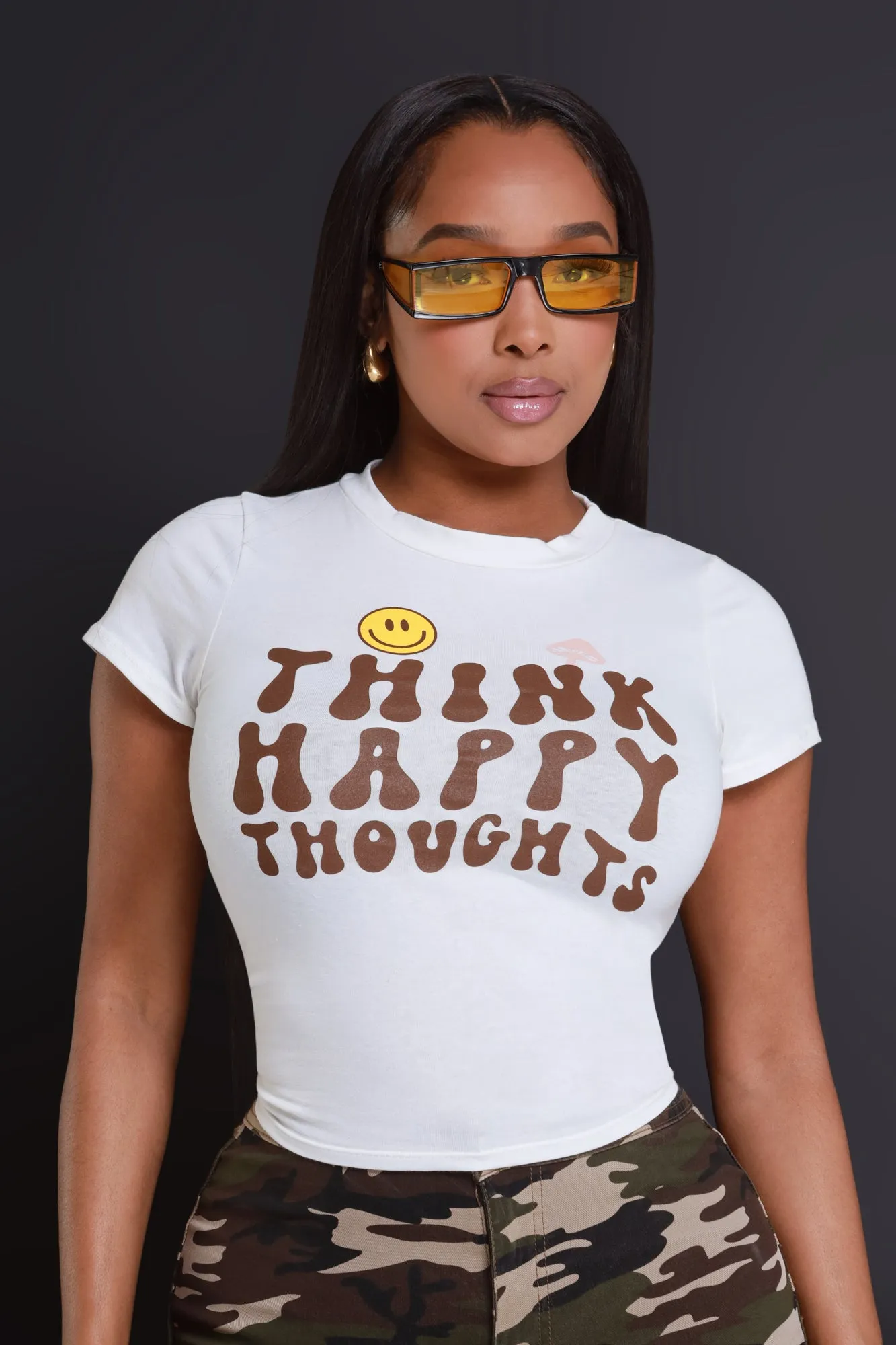 Happy Thoughts Cropped Graphic T-Shirt - Off White sold by Swankaposh