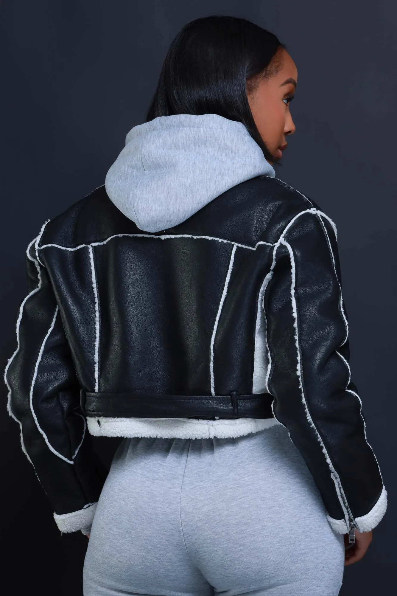 Too Far Gone Faux Leather Sherpa Cropped Jacket - Black/White sold by Swankaposh product image thumbnail 3