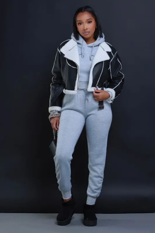 Too Far Gone Faux Leather Sherpa Cropped Jacket - Black/White sold by Swankaposh