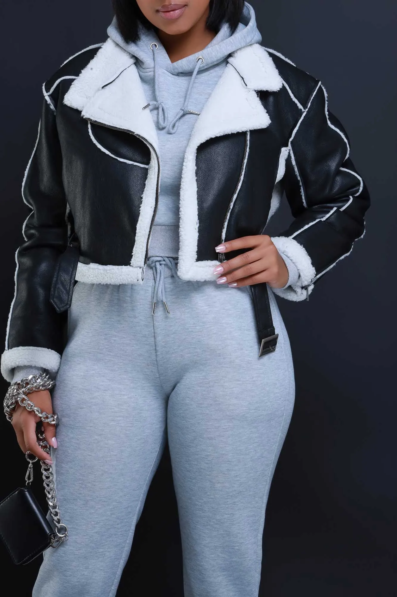 Too Far Gone Faux Leather Sherpa Cropped Jacket - Black/White sold by Swankaposh product image thumbnail 5