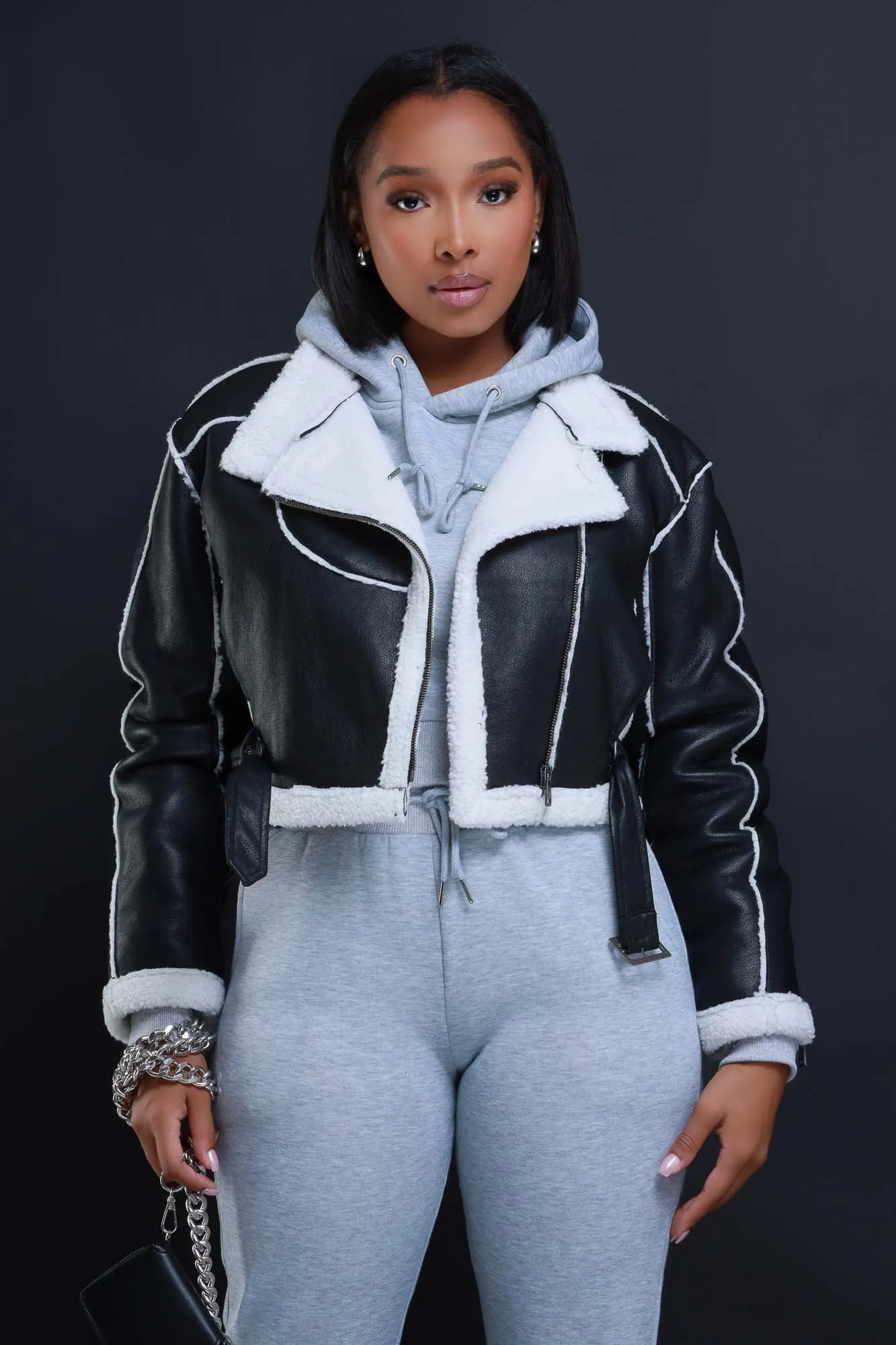 Too Far Gone Faux Leather Sherpa Cropped Jacket - Black/White sold by Swankaposh product image thumbnail 2