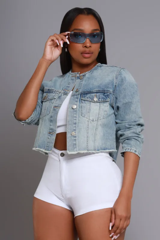 Move Away Button Down Denim Jacket - Med Wash sold by Swankaposh