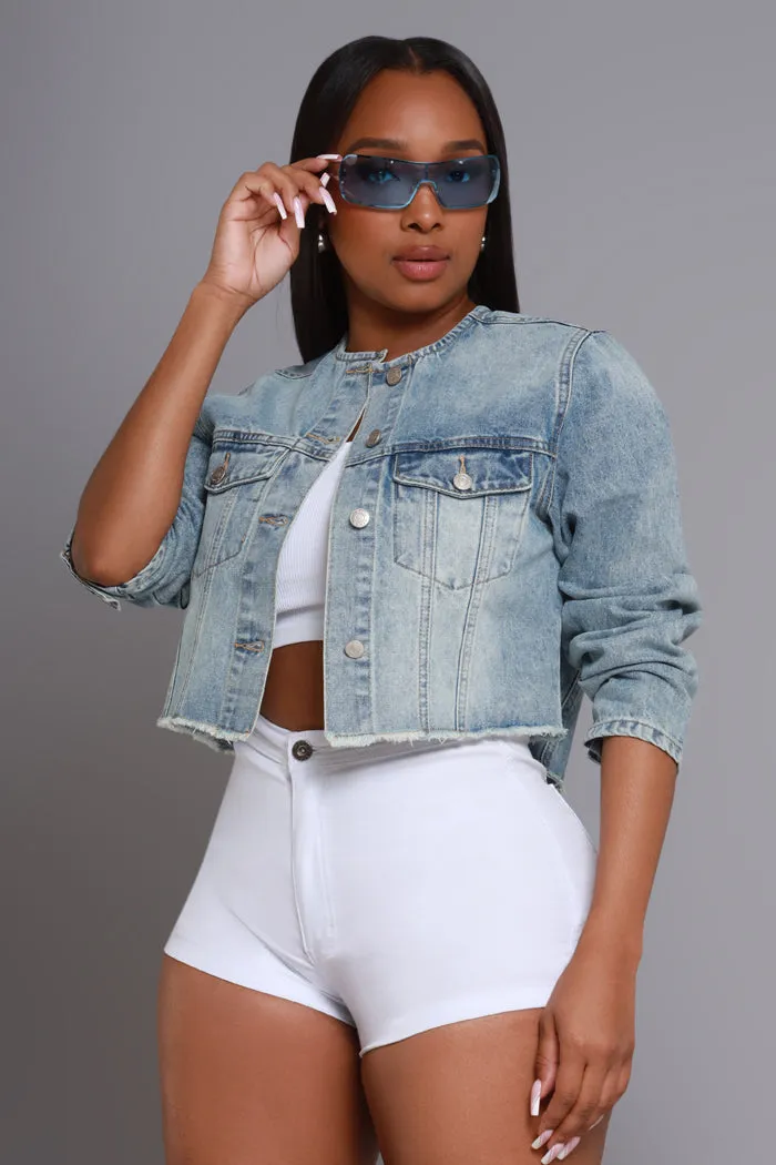 Move Away Button Down Denim Jacket - Med Wash sold by Swankaposh