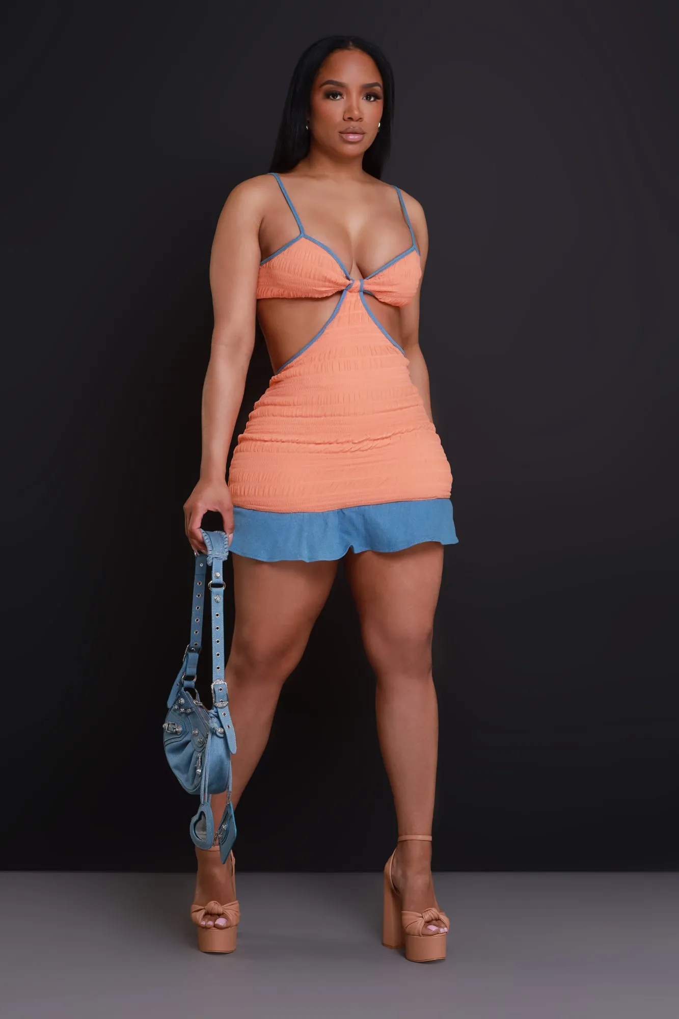 Wild For You Cut Out Mini Dress - Orange/Denim sold by Swankaposh product image thumbnail 4