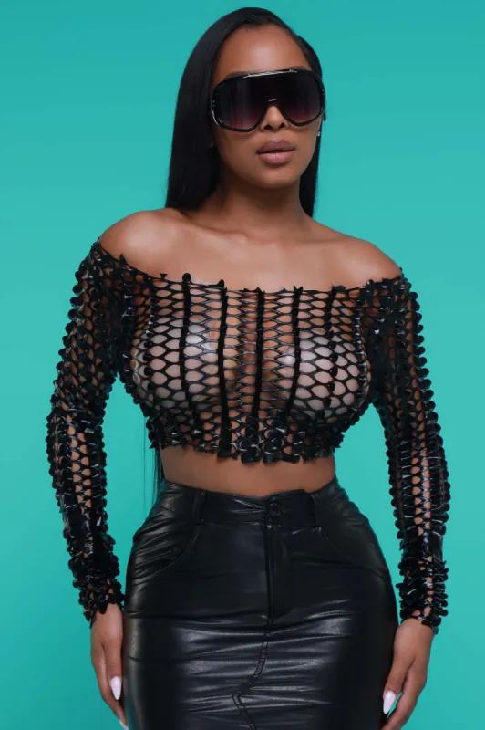 Watch Out Metallic Cut Out Crop Top - Black sold by Swankaposh