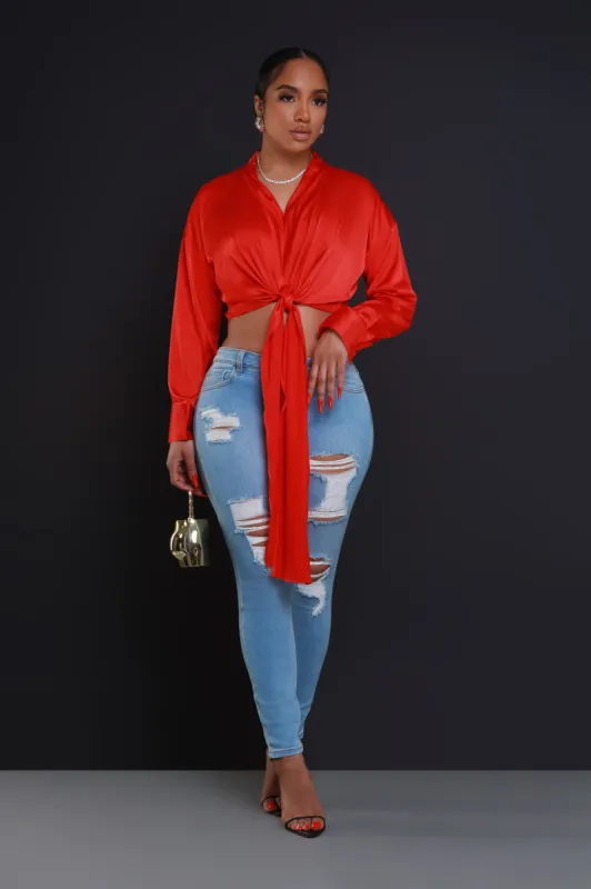 Above The Law Satin Tie Up Blouse - Red sold by Swankaposh