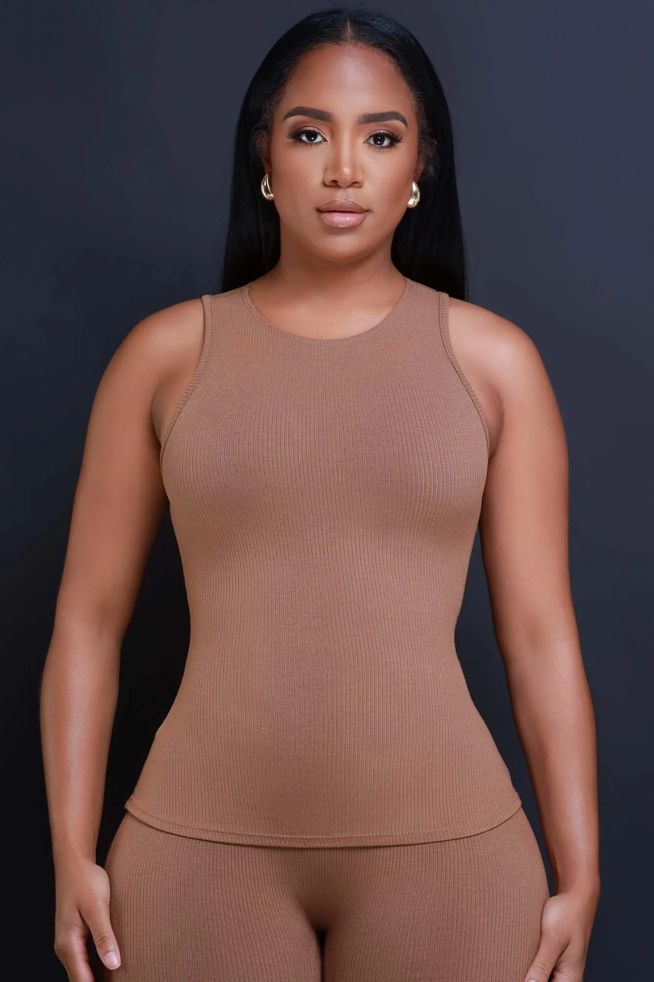 Top Of The Line Cellulite Deleter Sleeveless Ribbed Top - Mocha sold by Swankaposh