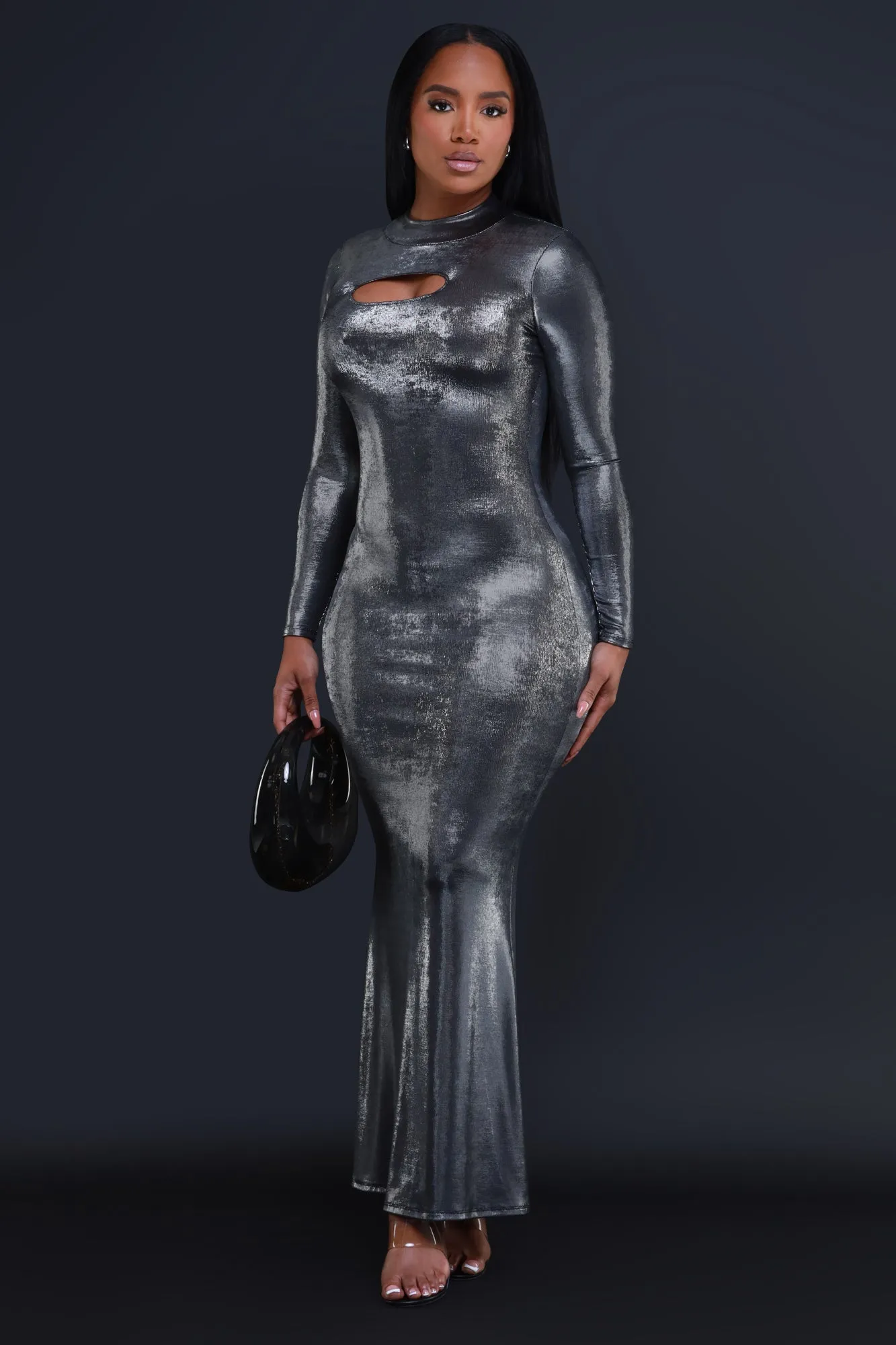 Star Sign Mock Neck Cut Out Maxi Dress - Silver sold by Swankaposh product image thumbnail 2