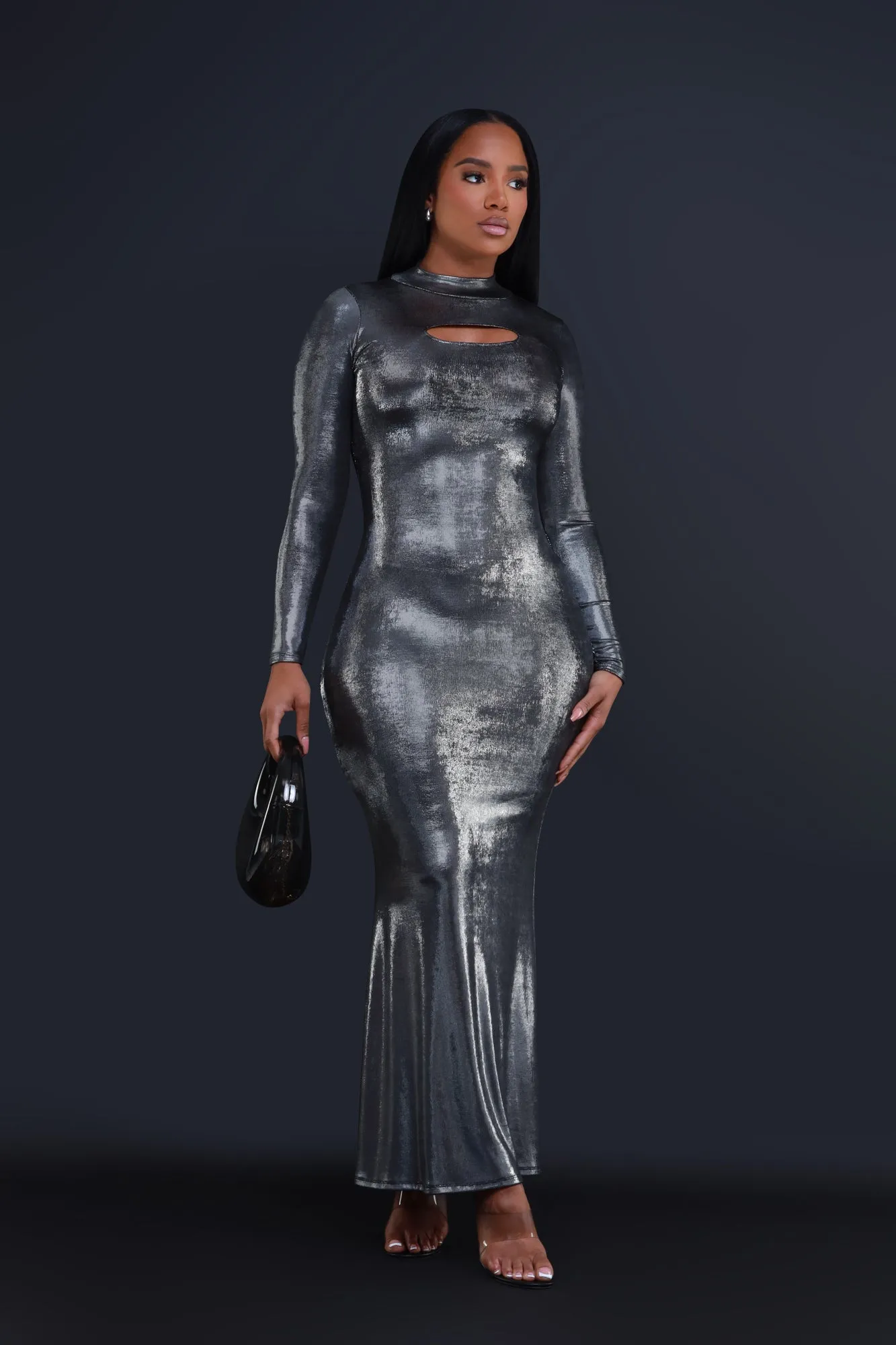 Star Sign Mock Neck Cut Out Maxi Dress - Silver sold by Swankaposh