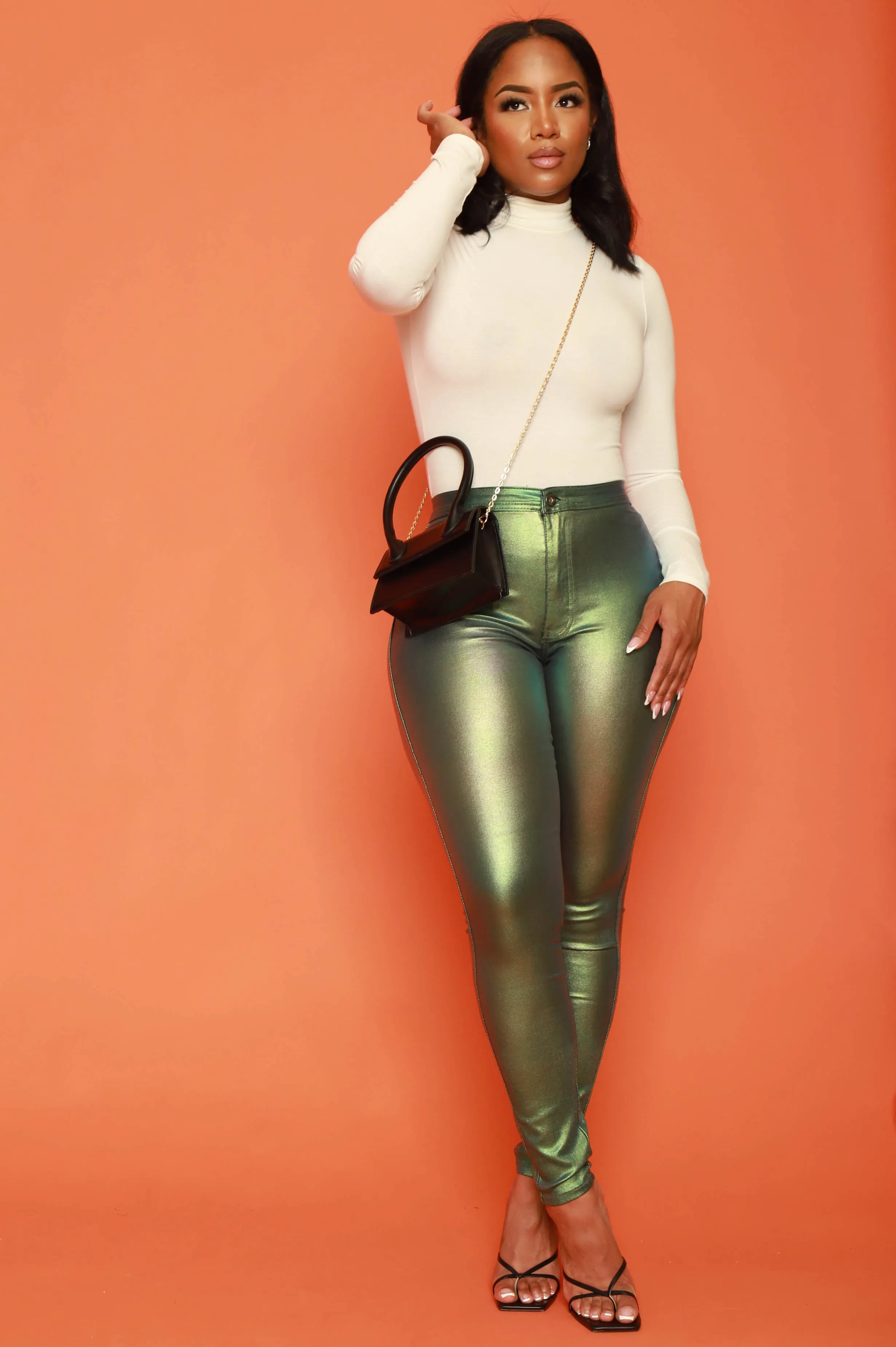 Coming In Hot High Rise Metallic Skinny Pants - Green sold by Swankaposh product image thumbnail 3