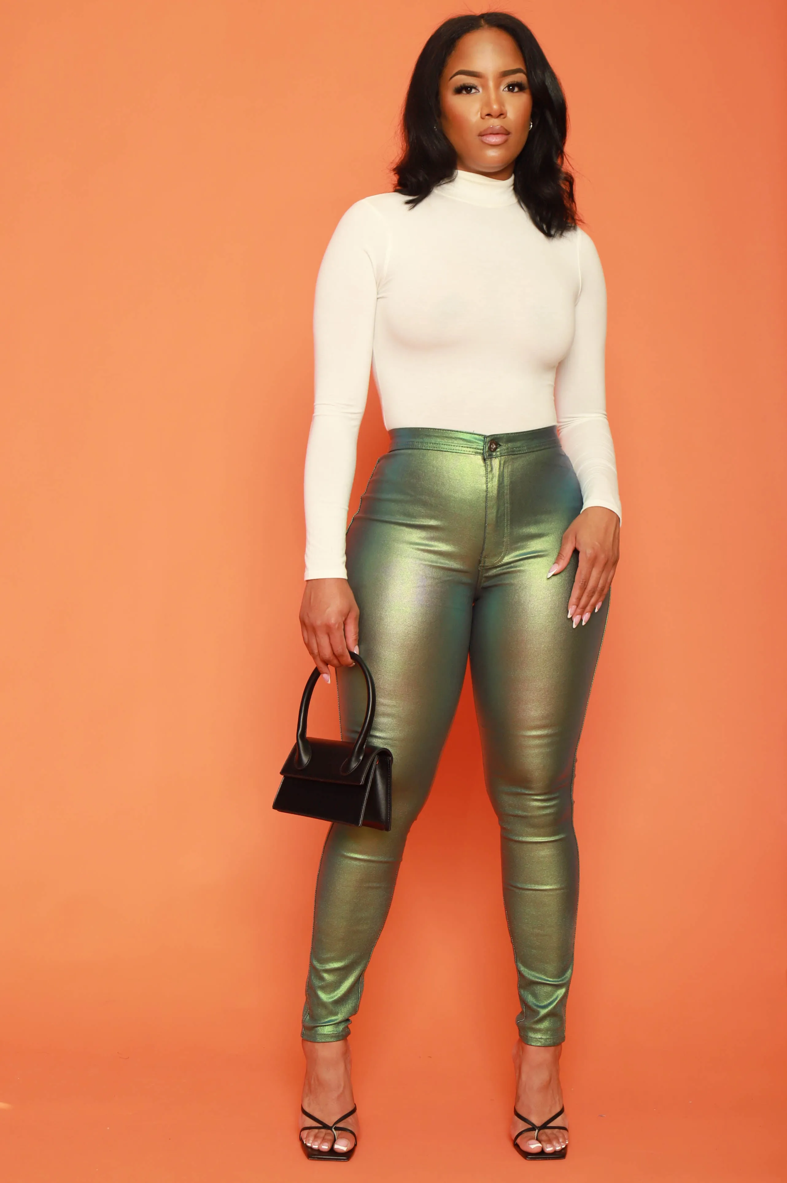 Coming In Hot High Rise Metallic Skinny Pants - Green sold by Swankaposh