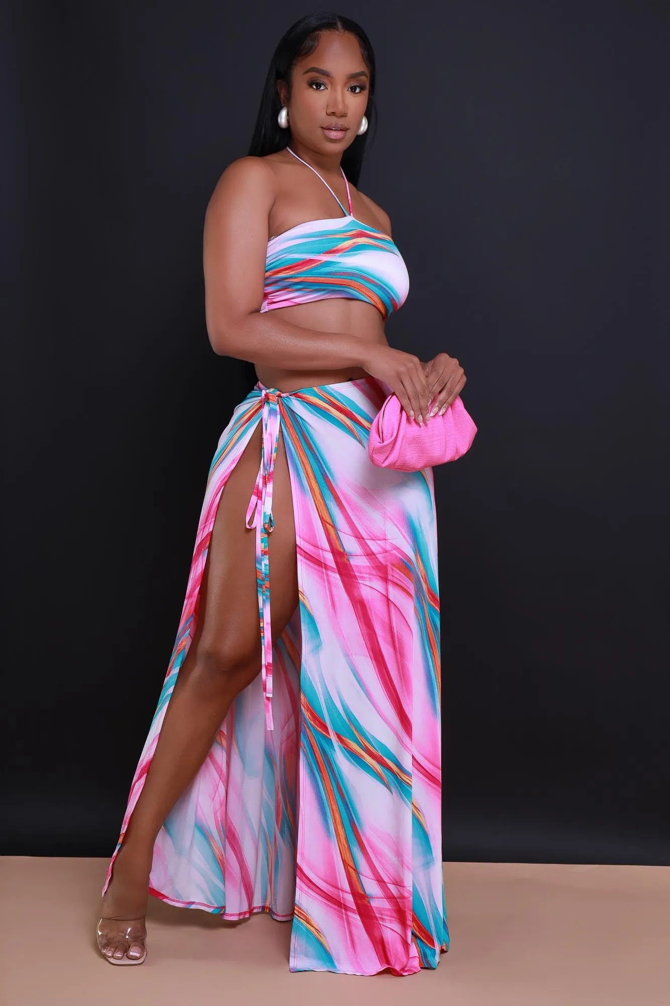 Slow Night Cropped Maxi Skirt Set - Pink Multicolor sold by Swankaposh product image thumbnail 2