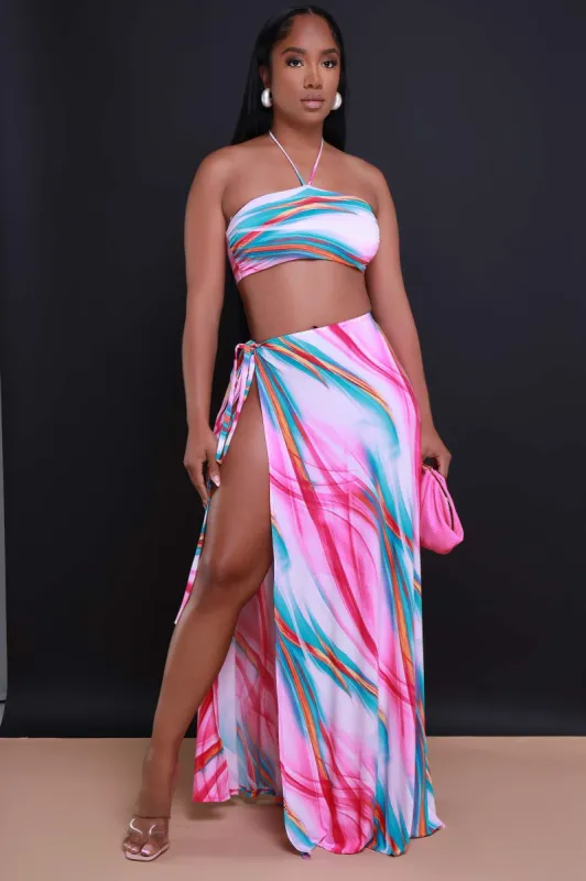 Slow Night Cropped Maxi Skirt Set - Pink Multicolor sold by Swankaposh