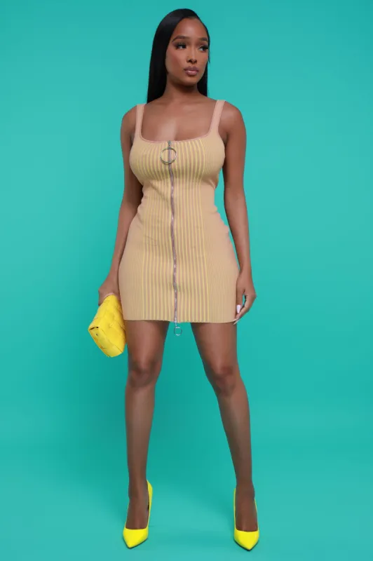 Caught Fire Ribbed Full Zip Mini Dress - Camel sold by Swankaposh