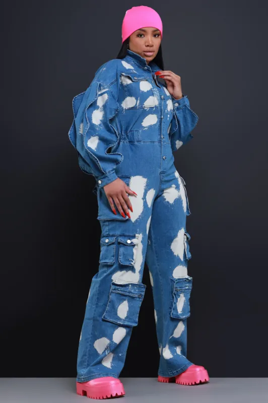 Holler Tie Dye Denim Cargo Jumpsuit - Blue/White sold by Swankaposh