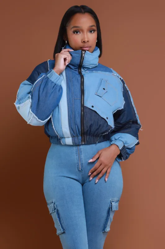 Try Me On Patchwork Denim Jacket - Blue sold by Swankaposh