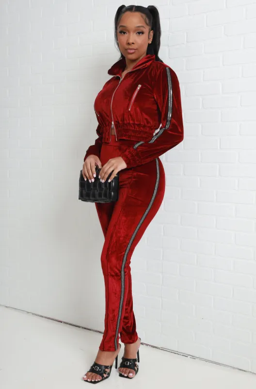 Don't You Dare Sequined Velvet Pants Set - Wine sold by Swankaposh