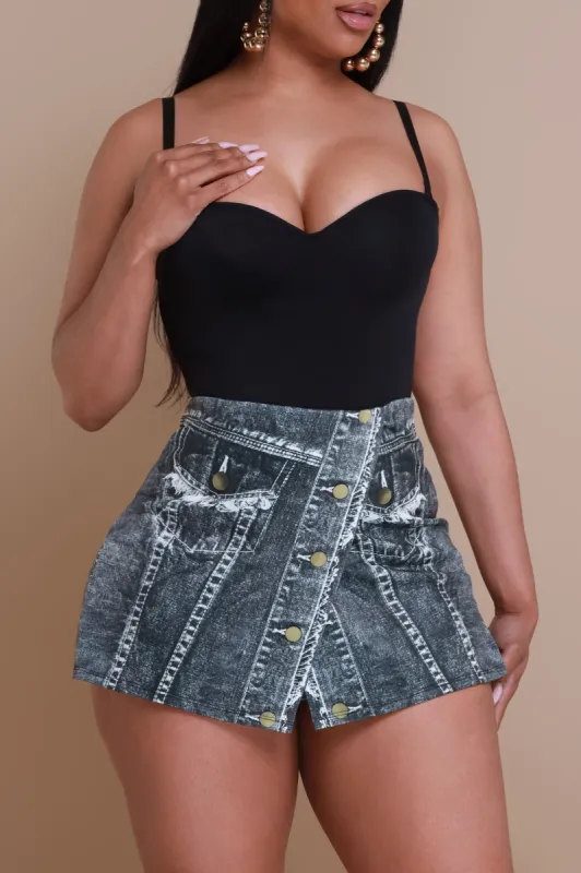 Switch It Up Denim Print Skort - Black sold by Swankaposh