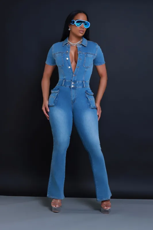 High Standards Denim Cargo Jumpsuit - Medium Wash sold by Swankaposh