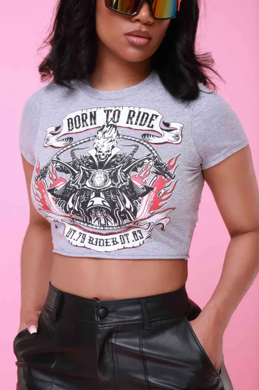Born To Ride Graphic Print Cropped Cut Out T-Shirt - Grey sold by Swankaposh
