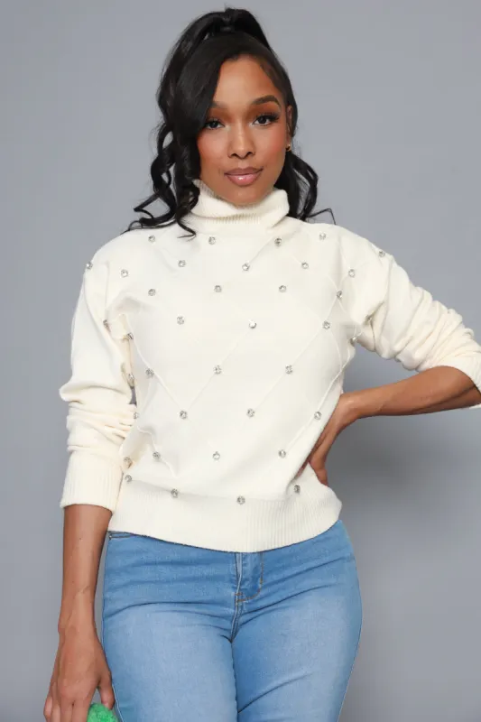 Blessed Rhinestone Embellished Turtleneck Sweater - Ivory sold by Swankaposh