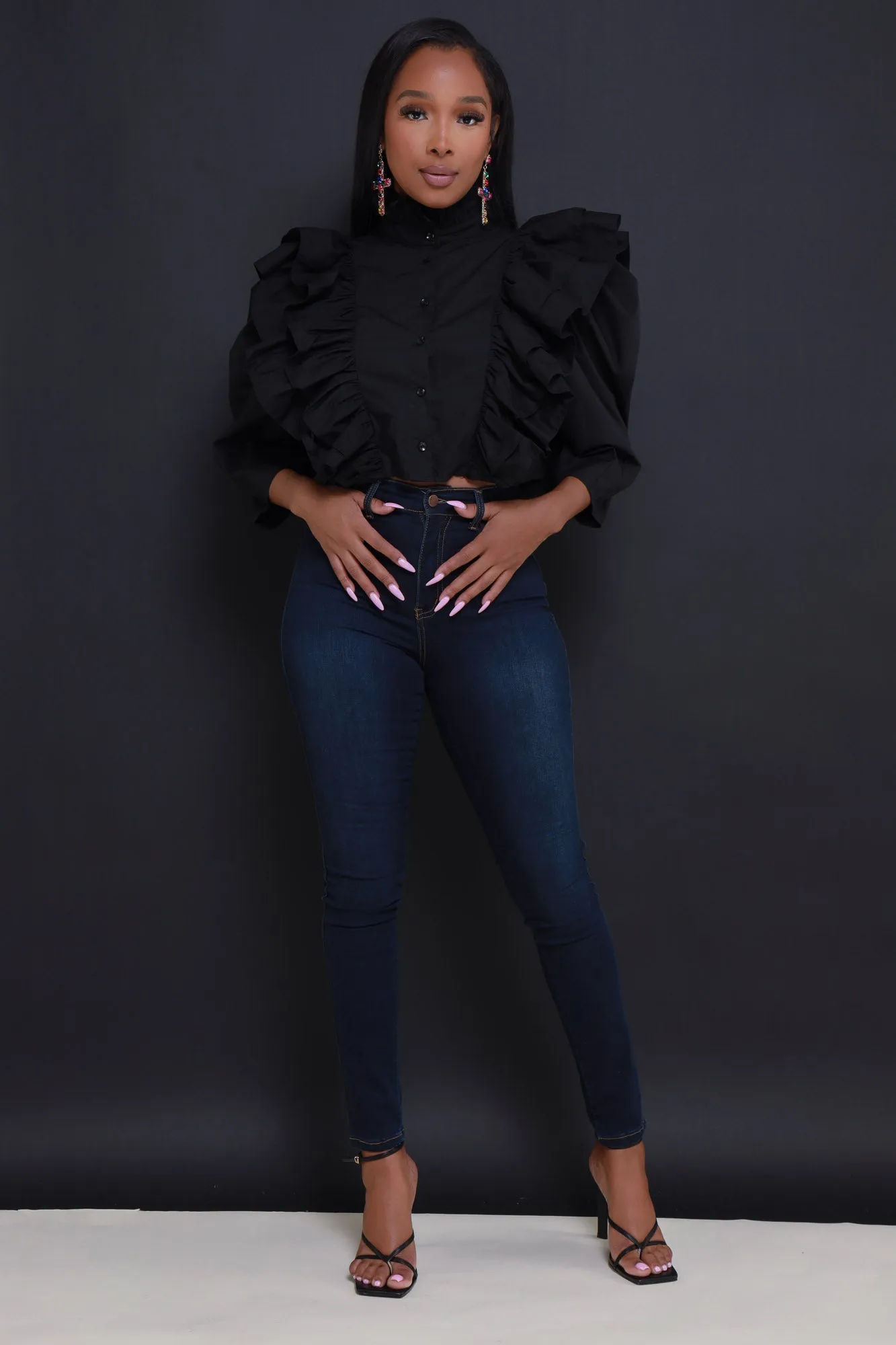 After Thought Mock Neck Ruffled Button Up Top - Black sold by Swankaposh product image thumbnail 2