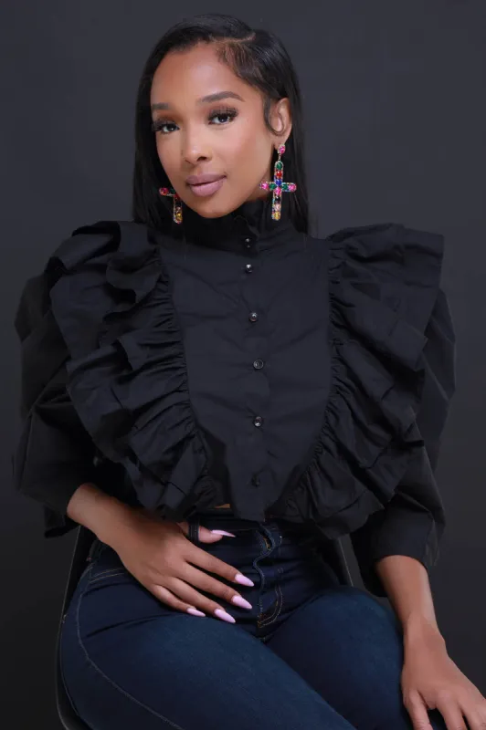 After Thought Mock Neck Ruffled Button Up Top - Black sold by Swankaposh