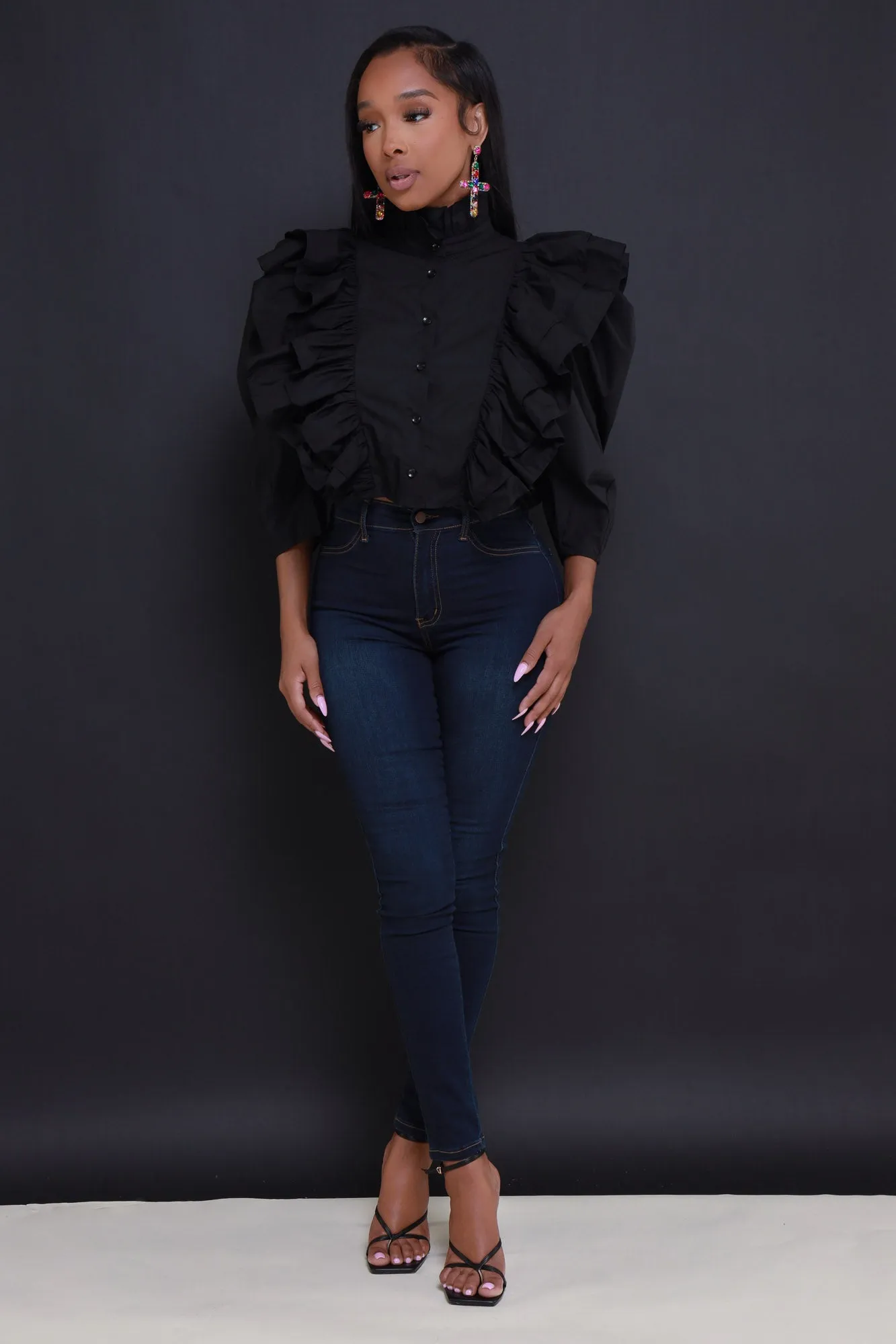 After Thought Mock Neck Ruffled Button Up Top - Black sold by Swankaposh product image thumbnail 4
