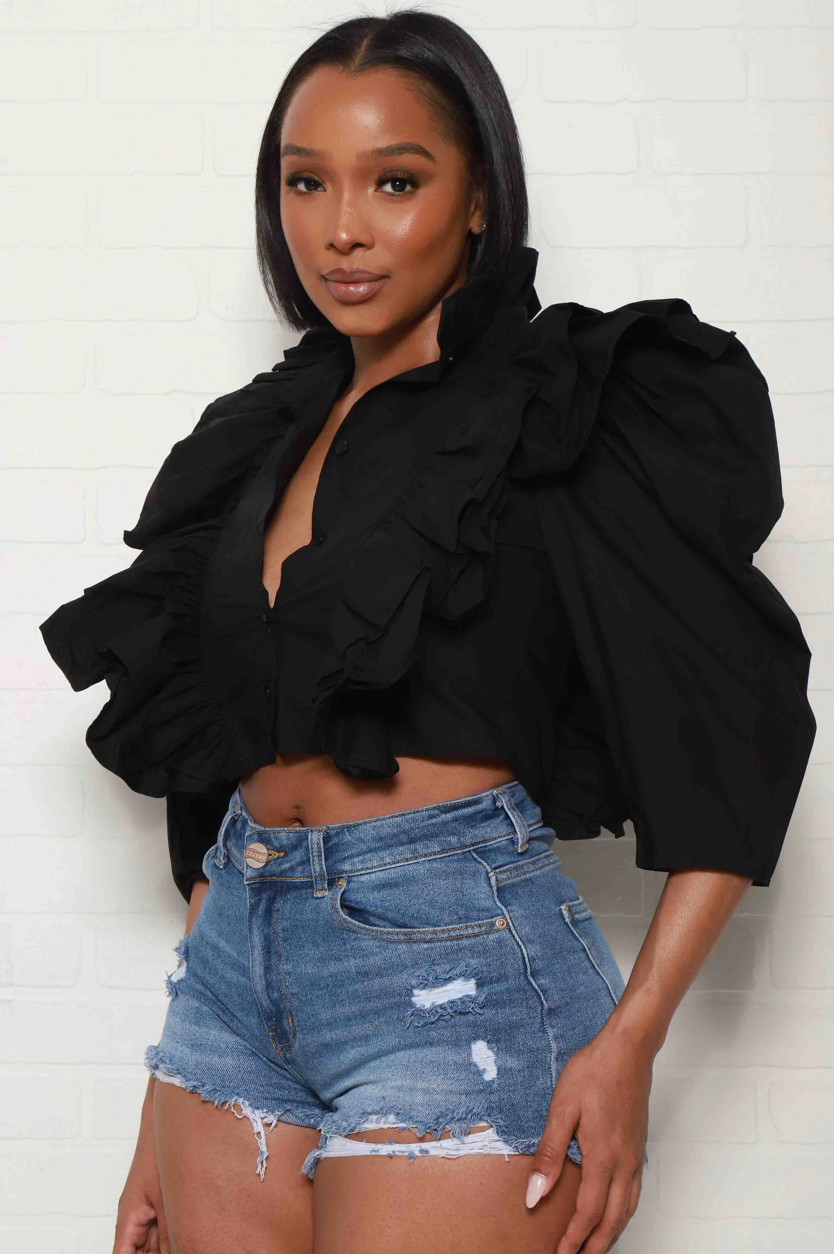 After Thought Mock Neck Ruffled Button Up Top - Black sold by Swankaposh product image thumbnail 5