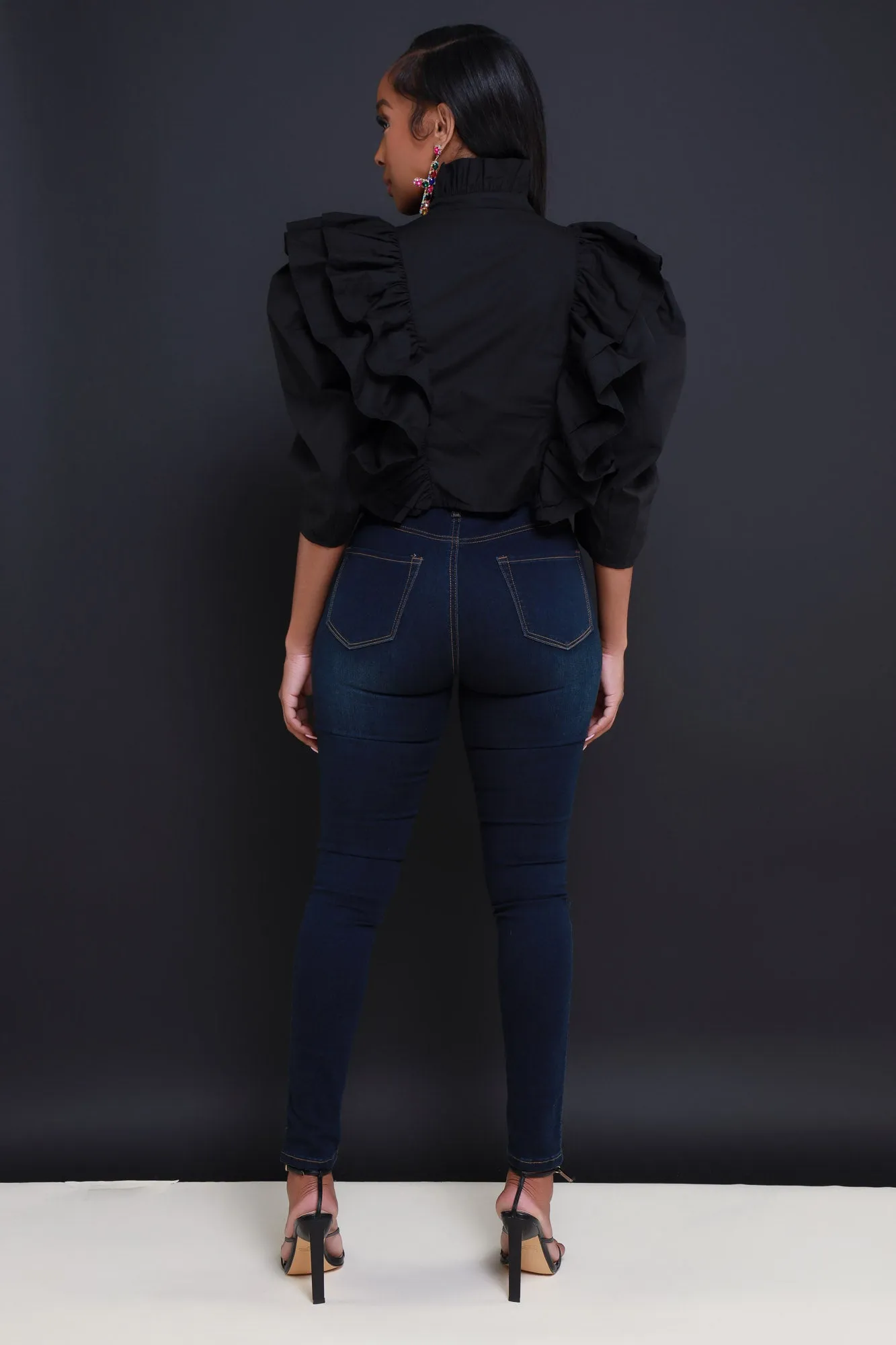 After Thought Mock Neck Ruffled Button Up Top - Black sold by Swankaposh product image thumbnail 3