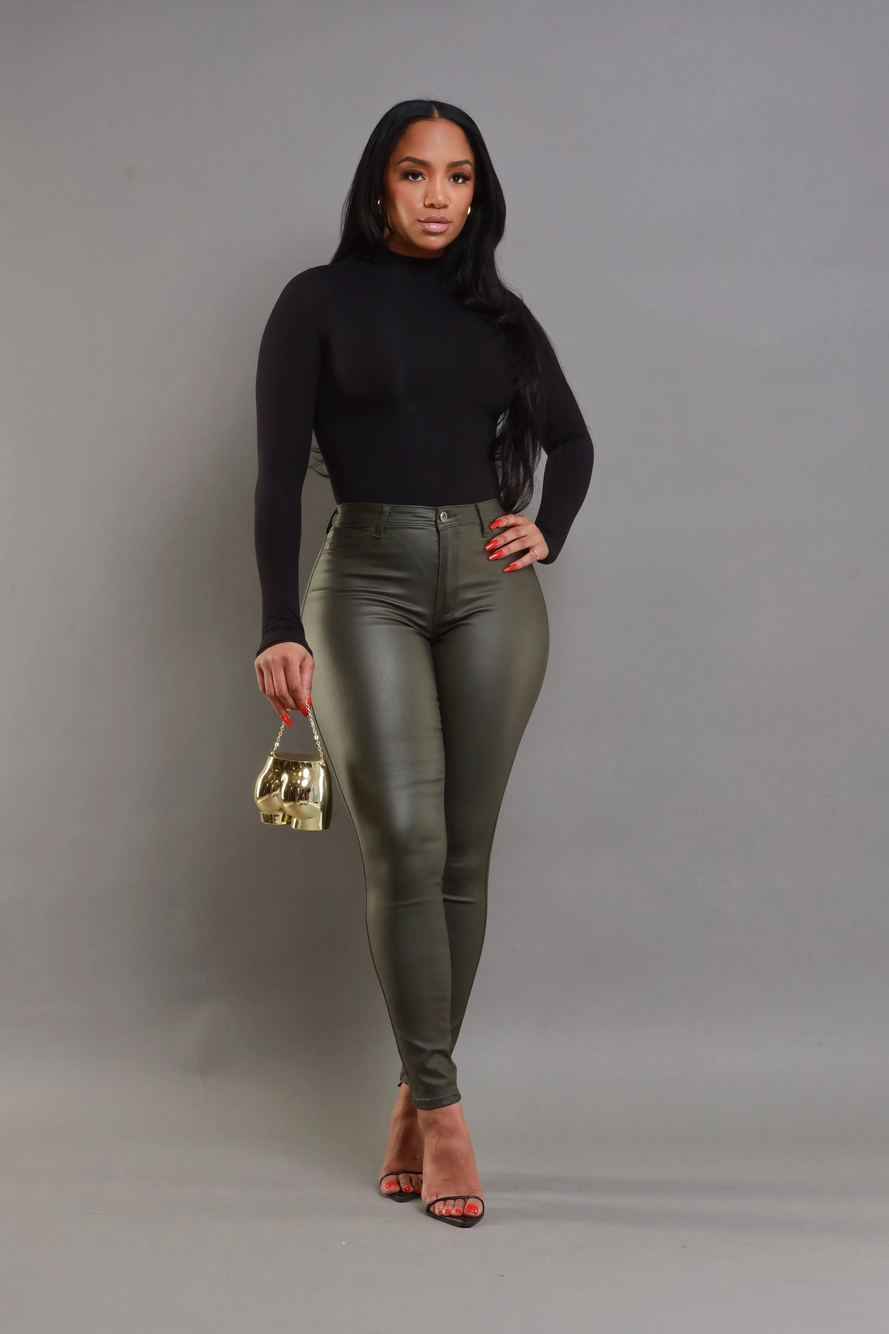 Curve You Faux Leather High Rise Pants - Olive sold by Swankaposh