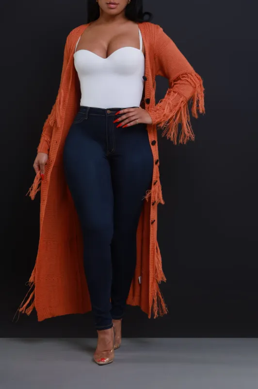 Get Well Longline Fringe Cardigan - Rust sold by Swankaposh