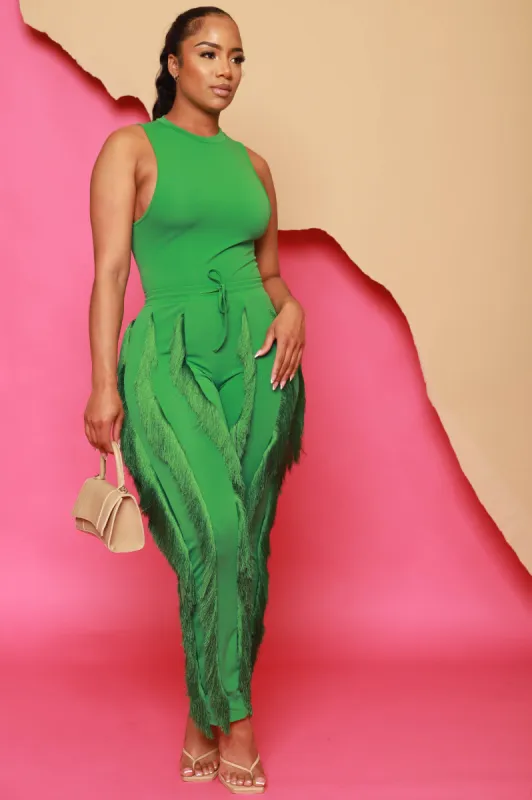 Weightless Sleeveless Fringe Pants Set - Kelly Green sold by Swankaposh