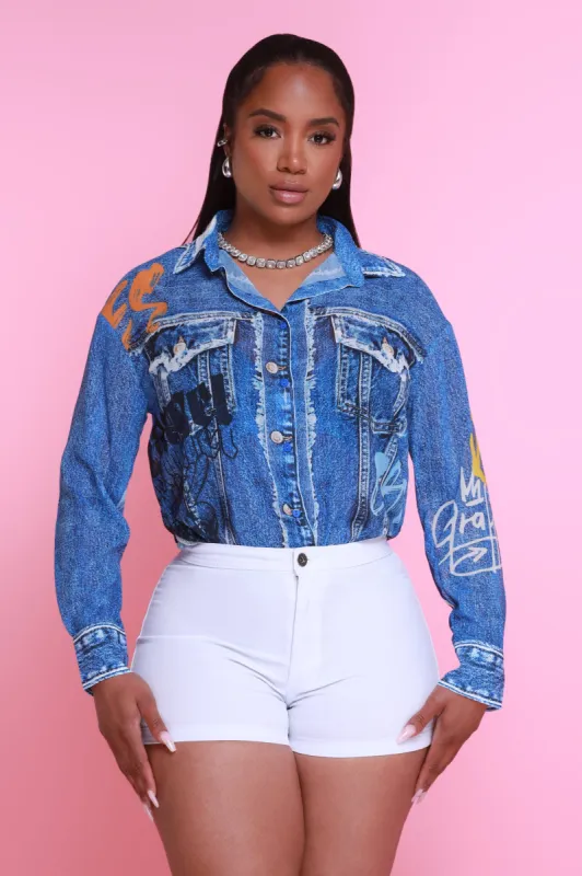 Not A Drill Denim Print Button Down Top - Blue sold by Swankaposh